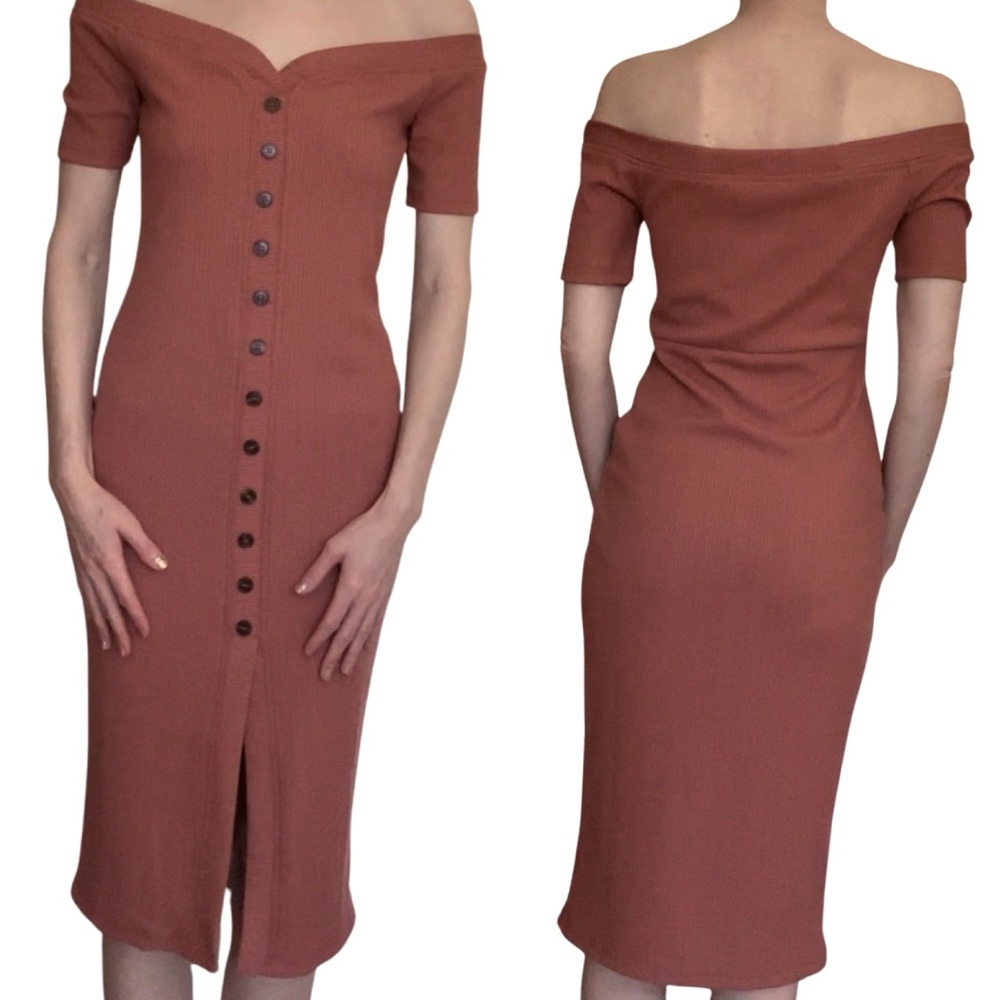 Off the Shoulder Ribbed Salmon Dress